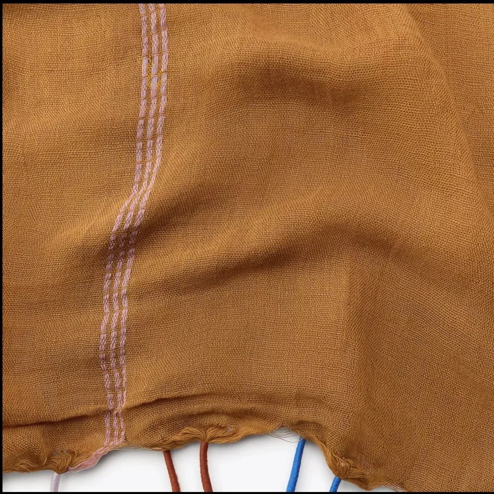 Zara striped linen scarf with pompoms, extra large sized 180 x 100 cm